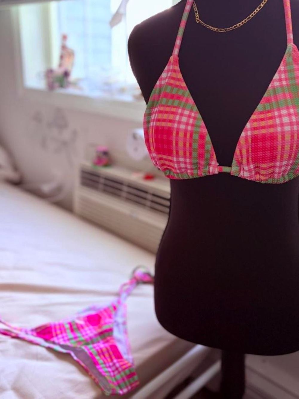 plaid pink and green bikini top 🍵⋆｡°🍡°⋆. ࿔*:･